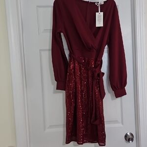 Grace Karin Red Cowl Neck Bishop Sleeve Dress